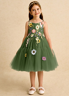 Azazie Osea Flower Girl Dresses Olive Ball-Gown Pleated Tulle Dress image7