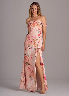 Azazie Saige Jurken voor bruidsmeisjes Converteerbaar Jurk van Chiffon met A-Lijn Off the Shoulder Abstract Boeket Bloemen image4
