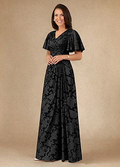 Azazie Emmeline Mother of the Bride Dresses Black A-Line Pleated Floral Burnout Dress image3