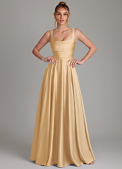 Azazie Azaria Bridesmaid Dresses Gold A-Line Corset Stretch Satin Dress image1