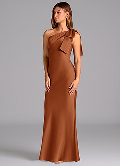 Azazie Yuanna Bridesmaid Dresses Copper Mermaid One Shoulder Stretch Satin Dress image4