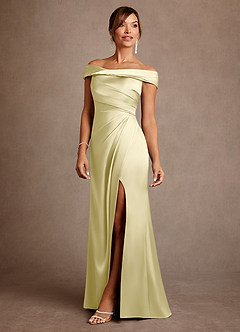 Azazie Bedford Mother of the Bride Dresses Lemon Sorbet Sheath Pleated Stretch Satin Dress image2