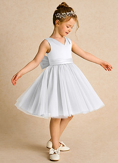 Azazie Tadpole Flower Girl Dresses White A-Line Pleated Matte Satin Dress image3