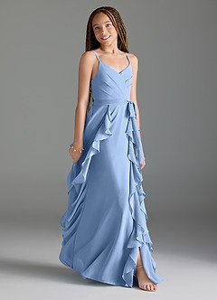 Azazie Peyton Steel Blue A-Line V-Neck Cascading Ruffles Chiffon Dress image3