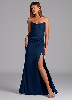 Azazie Claudelle Brautjungfernkleider Meerjungfrau-Linie Schulterfrei Stretch-Satin Kleid Dunkelmarine image1