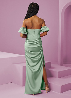 Barbie ♥ Azazie Jurken voor bruidsmeisjes Converteerbaar Jurk van Stretch Satijn met Kolom Off the Shoulder Agave image9