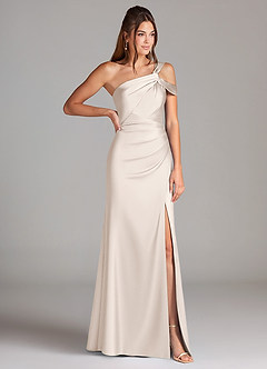 Azazie Wynter Bridesmaid Dresses White Alabaster Sheath One Shoulder Stretch Satin Dress image4