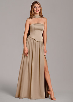 Azazie Cadence Bridesmaid Dresses Taupe A-Line Corset Stretch Satin Convertible Dress image1