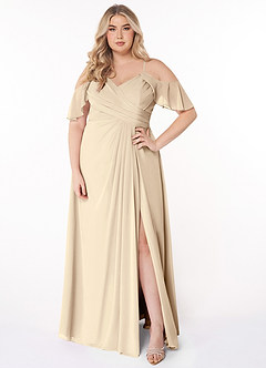 Azazie Dakota Bridesmaid Dresses Champagne A-Line V-Neck Pleated Chiffon Dress image6