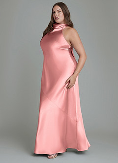 Azazie Velli Bridesmaid Dresses Rosette Sheath High Neck Metallic Satin Dress image13