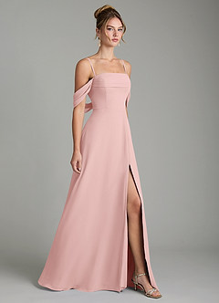 Azazie Mercedes Bridesmaid Dresses Powder Pink A-Line Off the Shoulder Chiffon Dress image5