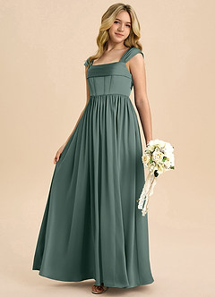 Azazie Hattie Junior Sea Moss A-Line Pleated Stretch Satin Dress image6