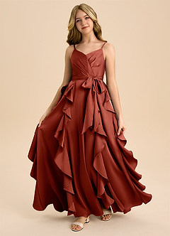 Azazie Peyton Junior Terracotta A-Line Pleated Stretch Satin Dress image3