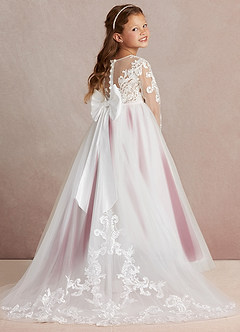 Azazie Elodie Flower Girl Dresses Ivory Burgundy Ball-Gown Lace Dress image1