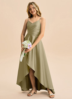 Azazie Eirlys Junior A-Linie Plissee Stretch-Satin Kleid Moosgrün image4