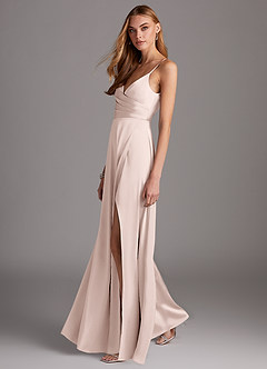 Azazie Calissa Bridesmaid Dresses Blushing Pink A-Line V-Neck Pleated Stretch Satin Dress image4
