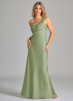 Azazie Celina Bridesmaid Dresses Dusty Sage Sheath Off the Shoulder Stretch Satin Dress image3
