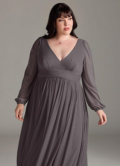 Azazie Norah Bridesmaid Dresses Steel Grey A-Line V-Neck Long Sleeve Chiffon Dress image12