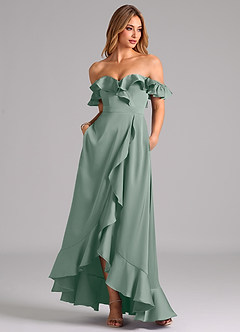 Azazie Lyra Jurken voor bruidsmeisjes Converteerbaar Jurk van Stretch Satijn met A-Lijn Off the Shoulder Zilveren Salie image3