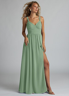 Azazie Aziza Bridesmaid Dresses Matcha A-Line V-Neck Pleated Chiffon Dress image1