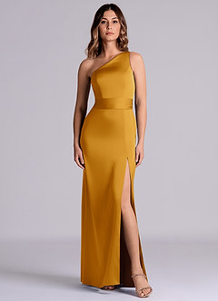 Azazie Philana Bridesmaid Dresses Butterscotch A-Line One Shoulder Stretch Satin Dress image8