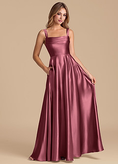 Azazie Shaude 신부 들러리 드레스 A라인 주름진 메탈릭 새틴 바닥 길이 드레스 image3