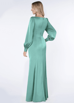 Azazie Raye Bridesmaid Dresses Aqua Mermaid Long Sleeve Stretch Satin Dress image4