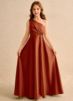 Azazie Puddles Junior Formal Flower Girl Dresses Paprika A-Line One Shoulder Matte Satin Dress image5