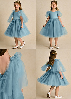 Azazie Duchess Blumenmädchenkleider A-Linie mit ärmel Tüll Kleid Stimmungsvolles Blau image2