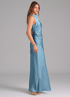 Azazie Evadne Bridesmaid Dresses Steel Blue A-Line Pleated Stretch Satin Dress image4