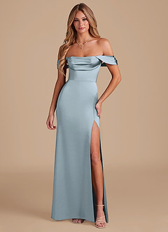 Azazie Saige Robes de demoiselle d'honneur Robe Trapèze Convertible en Satiné métallisé Épaule décolletée Bleu Poussiéreux image5