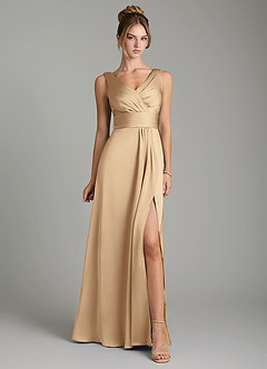 Azazie Karina Robes de demoiselle d'honneur Robe Trapèze en Satin extensible Plissée Champagne image6