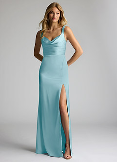 Azazie Elida Bridesmaid Dresses Moody Blue Sheath Pleated Stretch Satin Dress image1