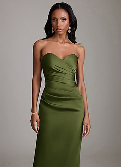 Azazie Sonora Vestidos de damas de honor Vestido de Oliva de Satén Elástico de Corte Recto con Sin tirantes image5