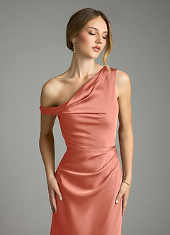 Azazie Emerson Bridesmaid Dresses Salmon Pink Mermaid Off the Shoulder Stretch Satin Dress image6