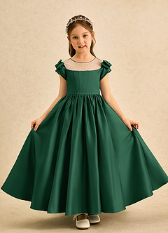 Azazie Toffee vestidos de niña de las flores Vestido de Verde Oscuro de Satin Mate de Corte Princesa con Lazo image2
