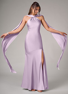 Azazie Kinsley Bridesmaid Dresses Frosted Lilac Mermaid Side Slit Stretch Satin Dress image2