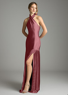 Azazie Nayeli Final Sale Desert Rose A-Line Pleated Stretch Satin Dress image4