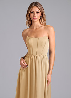 Azazie Leilana Robes de demoiselle d'honneur Robe Trapèze en Satin extensible Corset Or image6