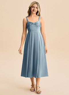 Azazie Ramona Junior Vestido de Azul Polvoriento de Satén Elástico de Corte en A con Escote de Corazón image5