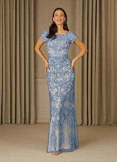 Azazie Dorit Mother of the Bride Dresses Dusty Blue Champagne Sheath Scoop Lace Dress image1