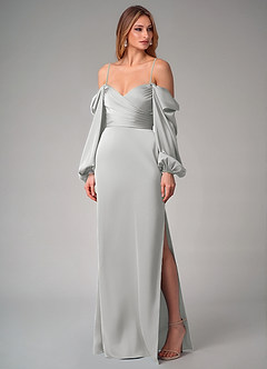 Azazie Sonata Bridesmaid Dresses Silver Sheath Long Sleeve Stretch Satin Convertible Dress image7