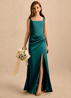 Azazie Noah Girls Formal Flower Girl Dresses Peacock Sheath Pleated Stretch Satin Dress image4