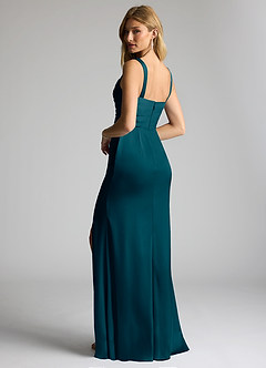 Azazie Elida Bridesmaid Dresses Ink Blue Sheath Pleated Stretch Satin Dress image2