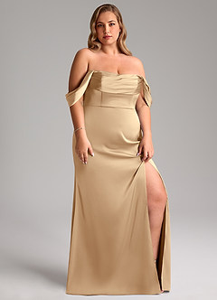 Azazie Saige Bridesmaid Dresses Champagne Sheath Off the Shoulder Stretch Satin Dress image13