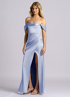 Azazie Auden 신부 들러리 드레스 쉬스 오프 더 숄더 스트레치 새틴 바닥 길이 드레스 image4