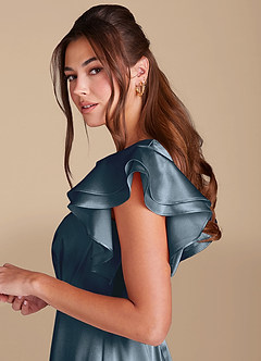 Azazie Daphne Modest Bridesmaid Dresses A-Line Ruched Metallic Satin Floor-Length Dress image5