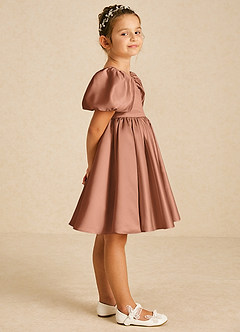 Azazie Muffin Flower Girl Dresses Bronzer A-Line with Sleeves Matte Satin Dress image3