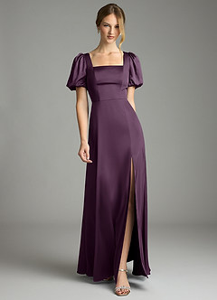 Azazie Fyona Bridesmaid Dresses Plum A-Line Pleated Stretch Satin Dress image1