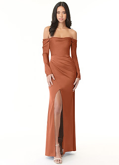 Azazie Hallie Bridesmaid Dresses Cedar Rose Sheath Off-The-Shoulder Long Sleeve Stretch Satin Convertible Dress image3